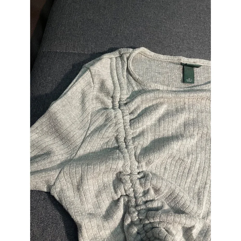 Wild Fable Gray Ribbed Ruched Drawstring Long Sleeve Crop Top M - Picture 7 of 8